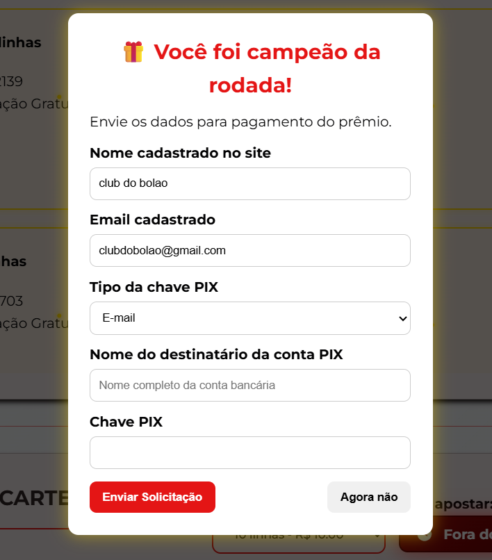 Envio de solicitação de prêmio