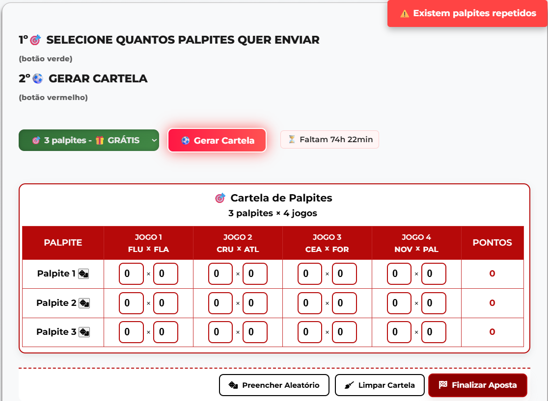 Exemplo de aviso de palpites repetidos