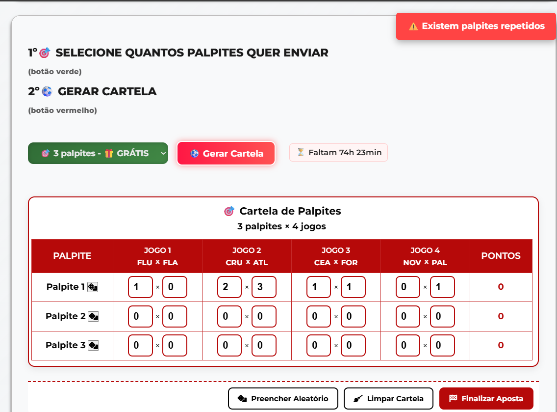 Exemplo de aviso de palpites repetidos